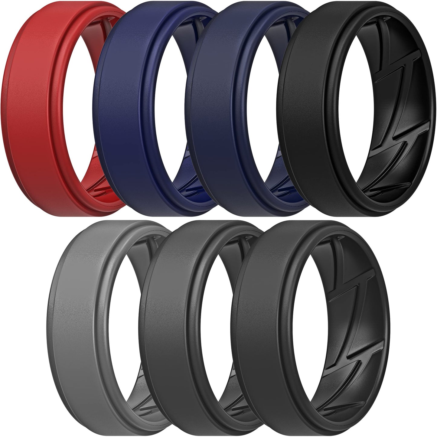ThunderFit Silicone Wedding Rings for Men Breathable Airflow Inner Grooves, Step Edge Sleek Design Rubber Engagement Bands 8mm Wide 2mm Thick, Variety Multipack 1-7