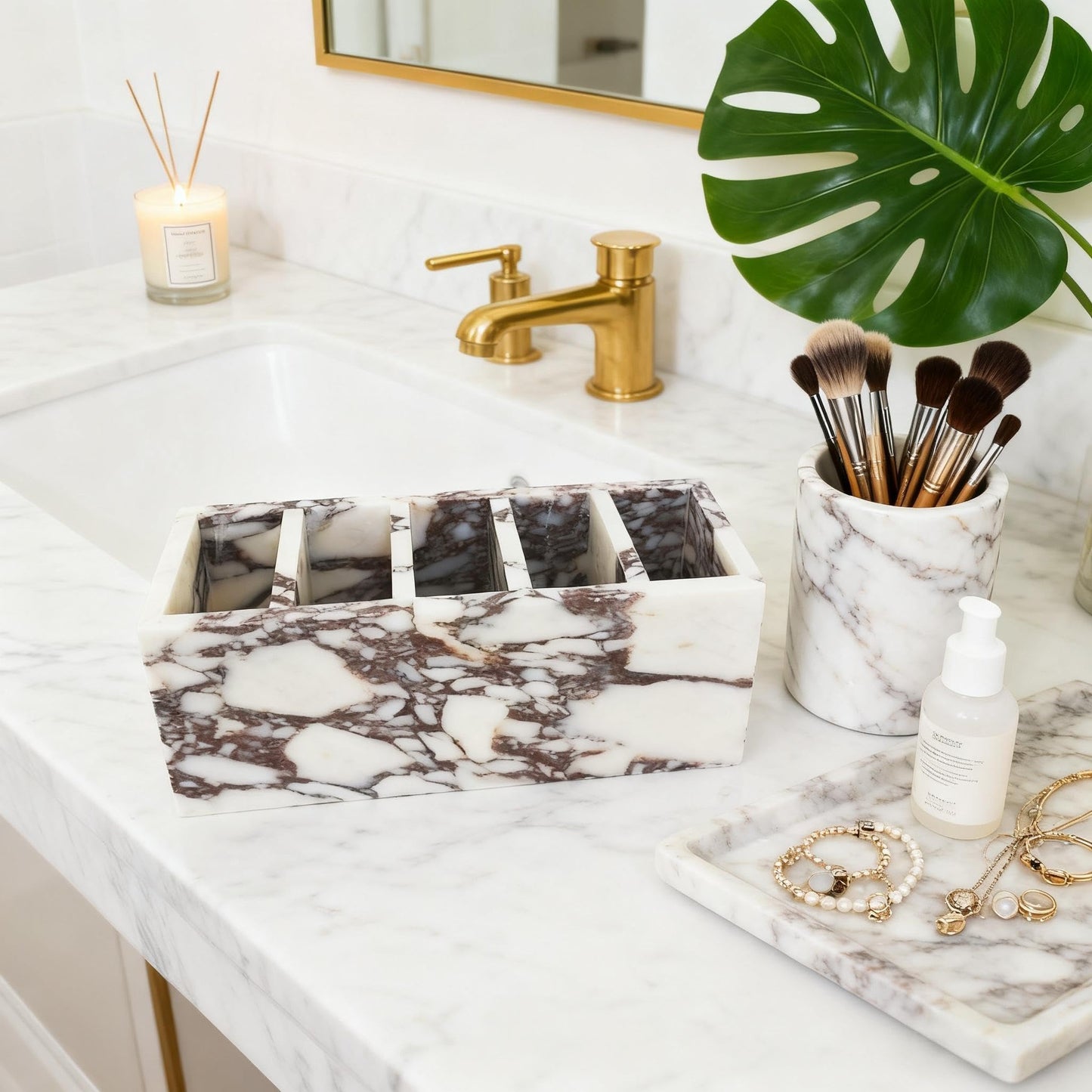 Artisanal Abode 5-Tier Marble Desktop Organizer for Office & Beauty Tools - Stackable Makeup Brush Storage, Coffee Accessories Holder with Natural Stone Pattern, Multi-Layer Countertop Tray