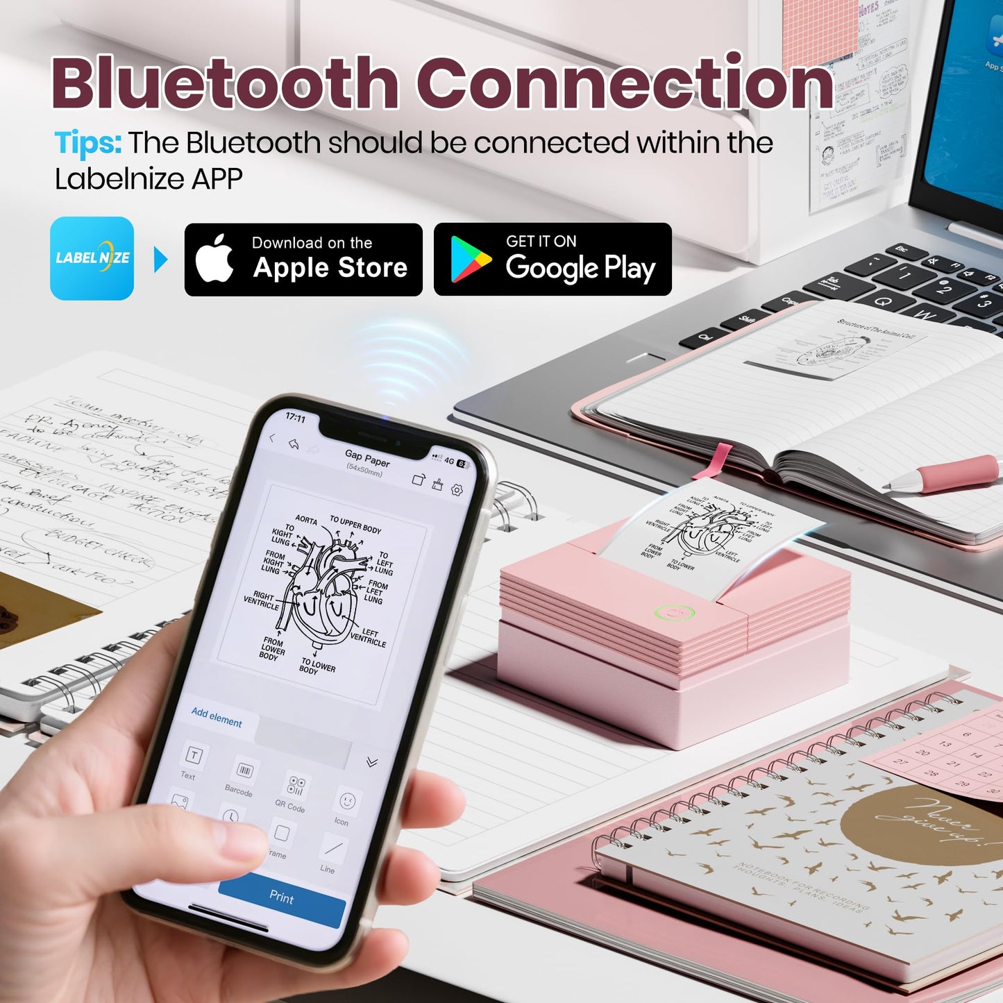 ETIKEZ Sticker Printer, PM290C Portable Mini Printer, Inkless Bluetooth Sticker Maker with 3 Rolls Paper, Impresora Portátil for Notes, DIY, Gift, Smart AI APP, Print Pod for Office, Pink 1pack