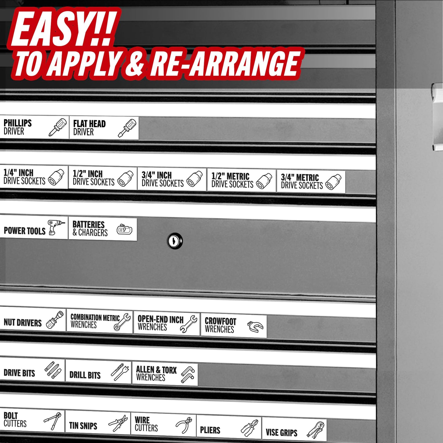 Magnetic Tool Labels for Toolbox – 80 Piece Heavy Duty Drawer & Tool Chest Labels (White), Large Magnetic Toolbox Labels for Steel Drawers, Toolbox Organization Magnets for Garage Storage