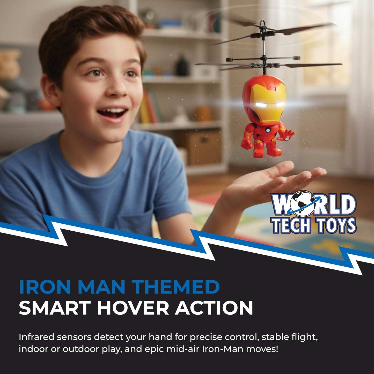 World Tech Toys Marvel Iron Man Big Head Helicopter Toy – Motion Sensored Flying Toy for Kids – Marvel Licensed – Kids Ages 6+