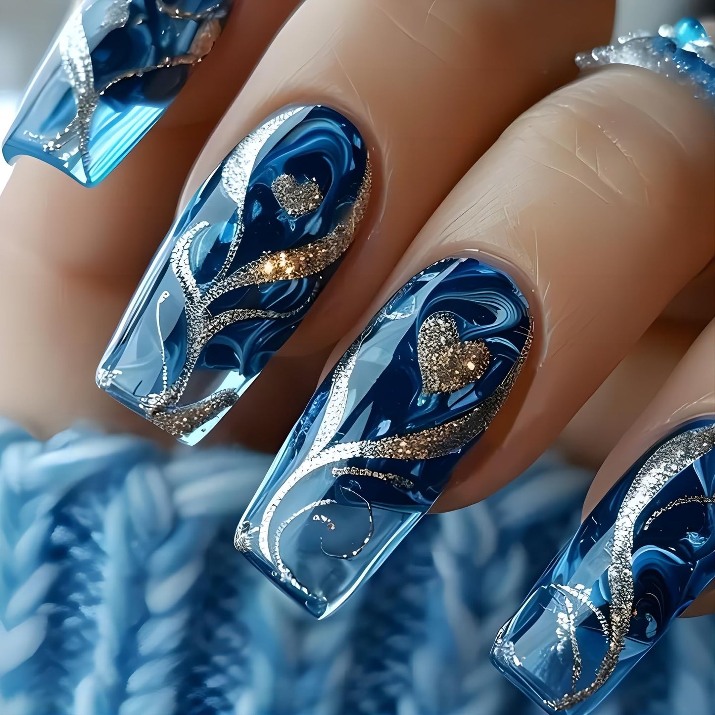 Semi Cured Gel Nail Strips with Gold Heart Designs Blue Gel Nail Strips Glossy Stickers Salon Quality & Easy to Use for Women 20 Pcs