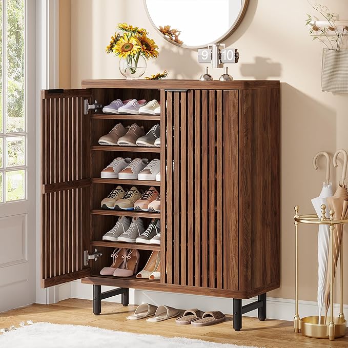 Tribesigns Shoe Cabinet with Shutter Doors, 6-Tier Entryway Shoe Cabinet with Adjustable Shelves, Wooden Modern Rack Organizer for Entryway, Hallway, Closet, Living Room, Walnut