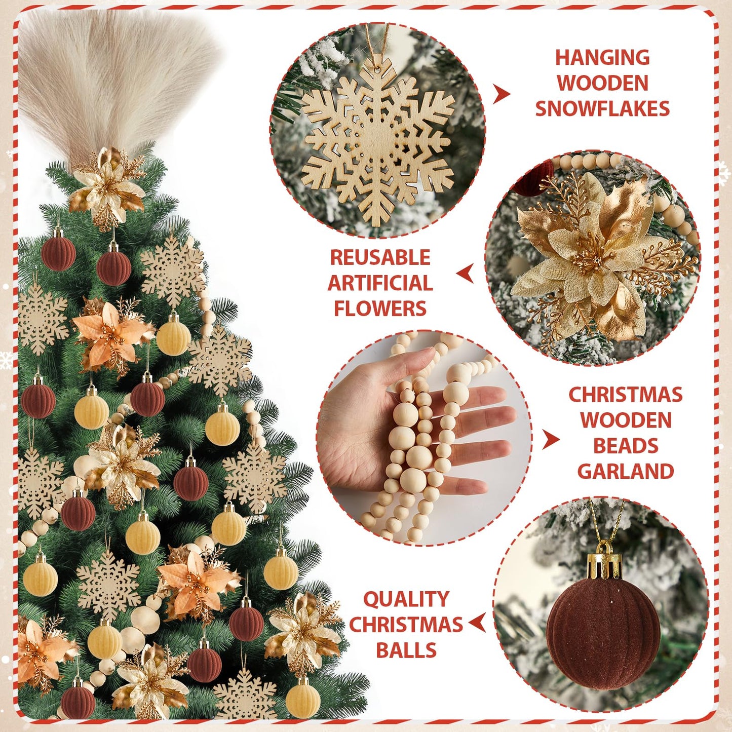 63Pcs Boho Christmas Tree Decoration Set Neutral Boho Christmas Tree Ornaments Wooden Bead Bow Xmas Balls Artificial Flowers and Grass DIY Decor Craft for Holiday Wedding Party Supplies Gifts
