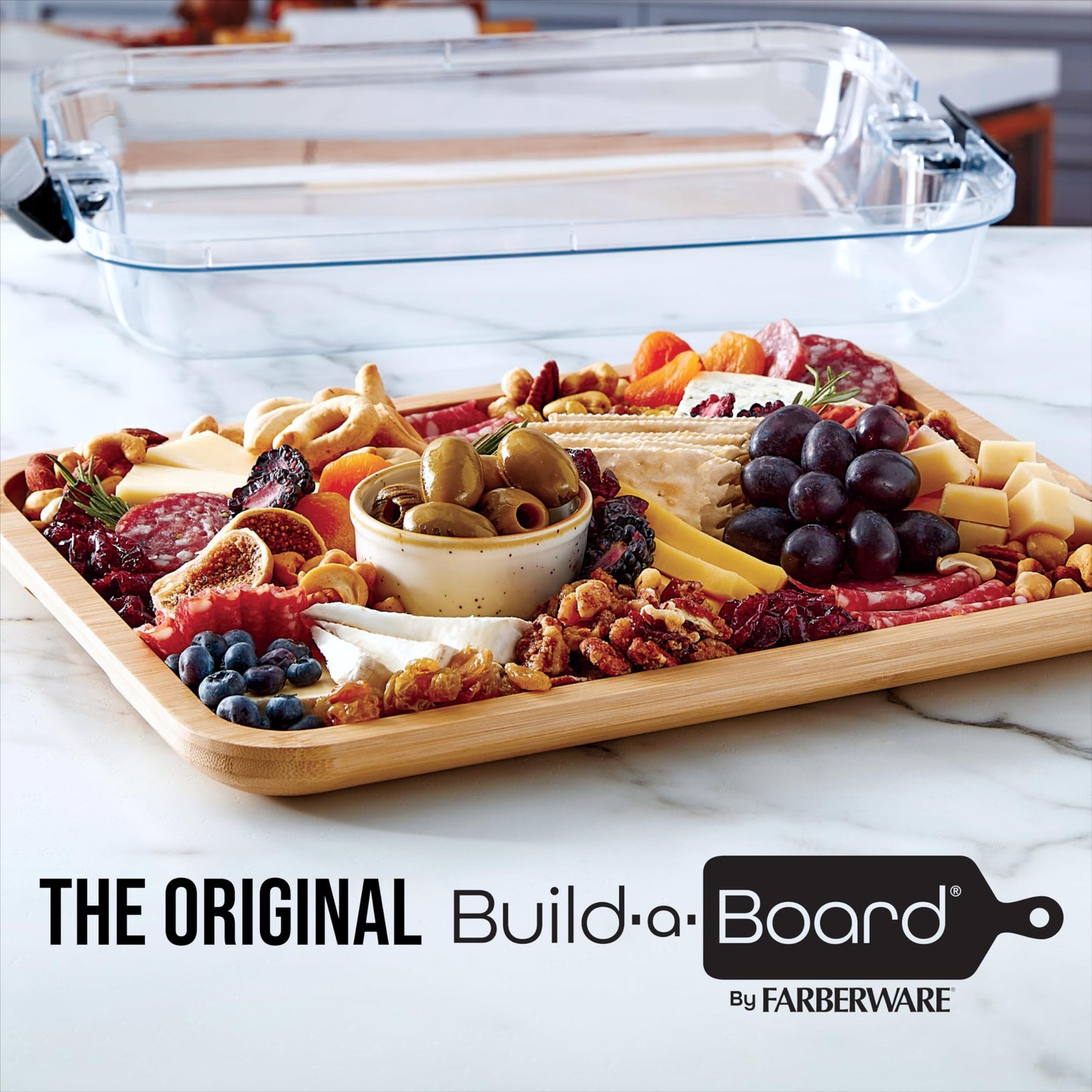 Farberware Build-A-Board Bamboo Cutting Board with Built-In Compartments & Clear Locking Lid, Black Handles – Charcuterie, Snack Tray, Food Prep and Serving Platter