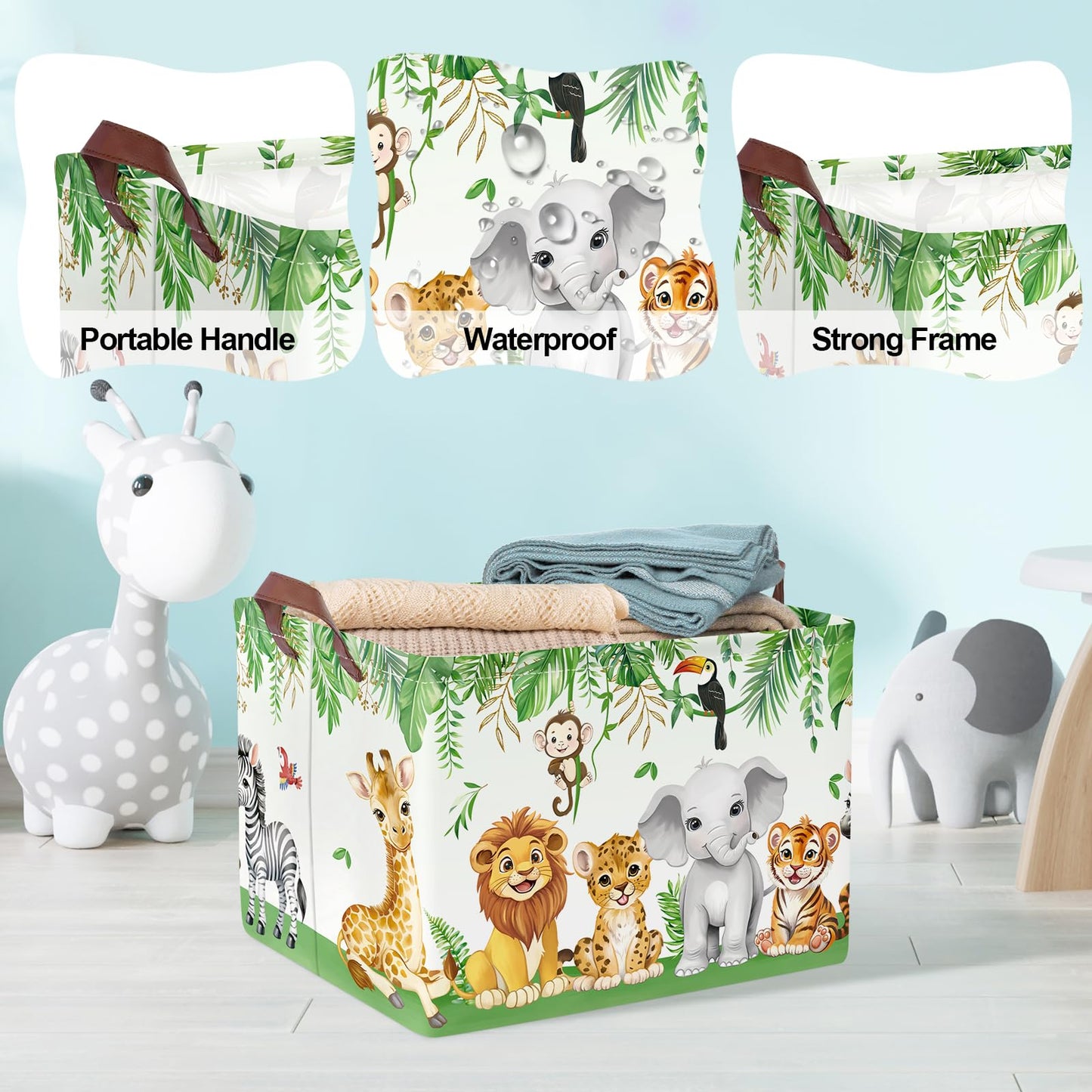 Clastyle Safari Animal Laundry Basket Leaf Kids Clothes Book Storage Basket Gift Toy Box for Bedroom Decor,Elephant Lion Giraffe,40x30x30 cm