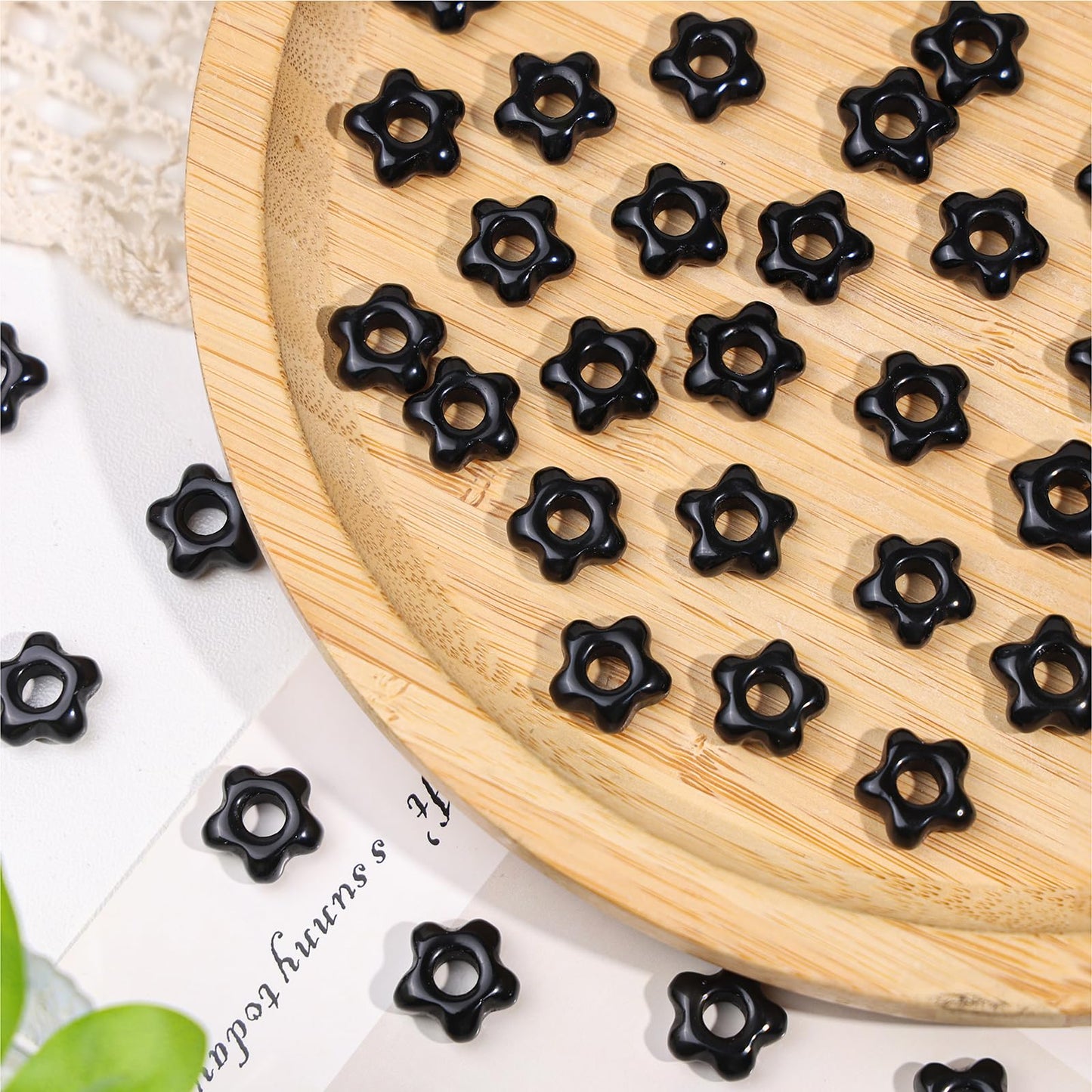 TUMBEELLUWA 10 Pcs Natural Crystal Flower Shaped Beads for Jewelry Making 5 mm, Black Obsidian Large Hole Beads for Crafts Macrame Hair Braids