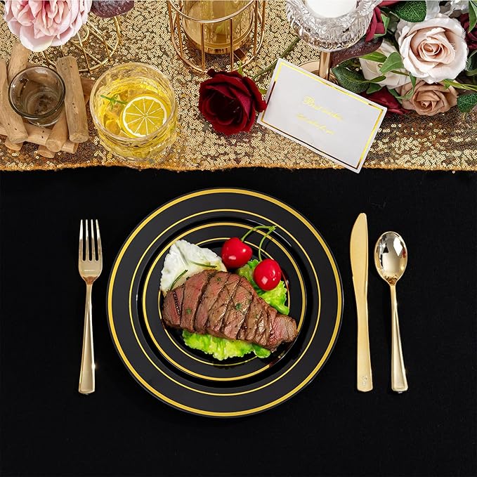 100Pcs Black Plastic Dessert Plates, Disposable Salad Plate with Gold Rim, Premium Hard Fancy Small Plates, Heavy Duty Plastic Cakes Plates for Party, Wedding and Birthday
