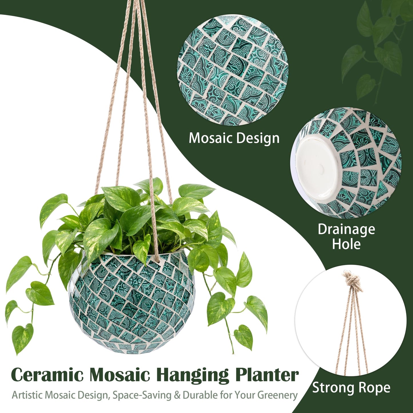 Chonsun Ceramic Hanging Planter Mosaic Hanging Flower Pot Small Plant Pot for Indoor Plant Disco Ball Planter with Drainage