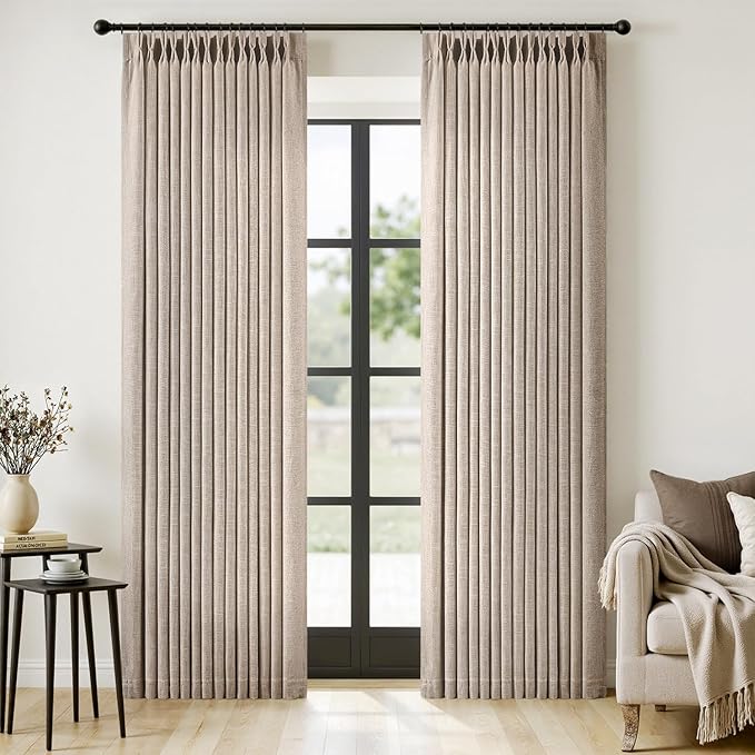 MIULEE Pinch Pleated Linen Curtains 96 Inches Long 2 Panels for Living Room Bedroom, Linen Texture Memory Trained Drapes Pinch Pleat Back Tab Rustic Farmhouse Window Curtains with Hooks&Rings, Taupe