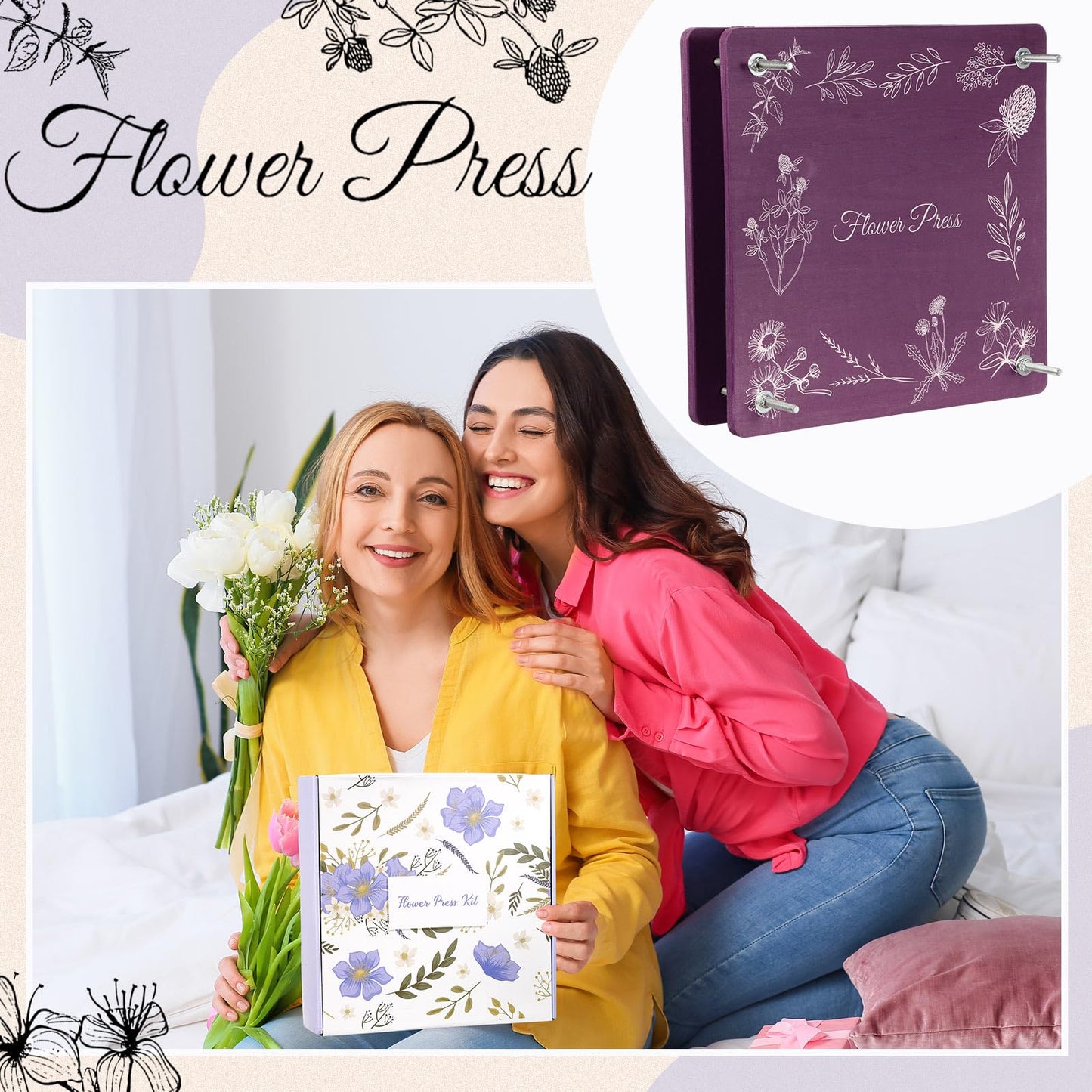 Hoolerry Extra Large Flower Press Kit 11" x 11" Wooden Floral Presser 10 Layers Wedding Bouquet Preservation Kit Dried Flower Art for Bookmark Floral Drying Gift(Lavender)