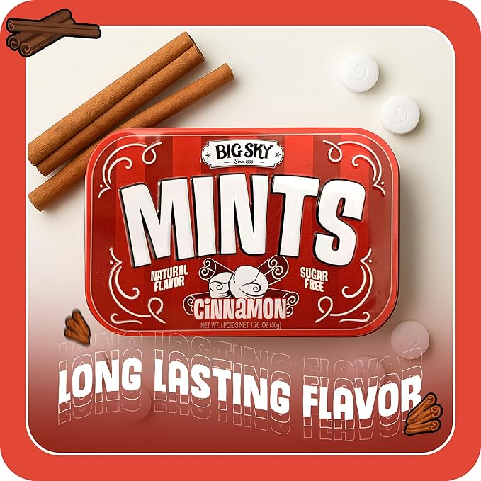 Big Sky Sugar Free Cinnamon Mint Candy, 50g Tin - 6 Count Display Tray