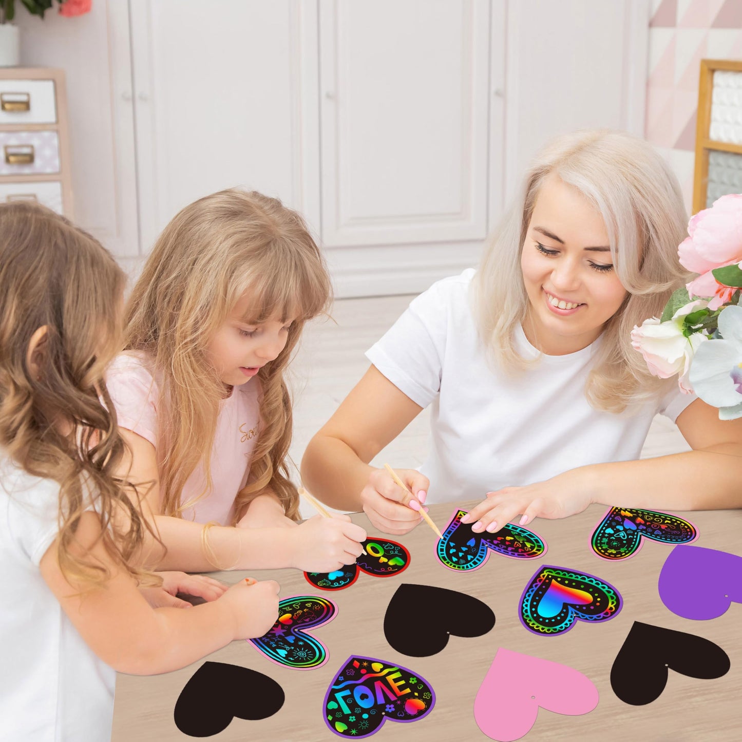 90shine 60 Sets Valentines Day Crafts for Kids Black Scratch Heart Magic Craft Art Kit Classroom Preschool Activities Party Favors