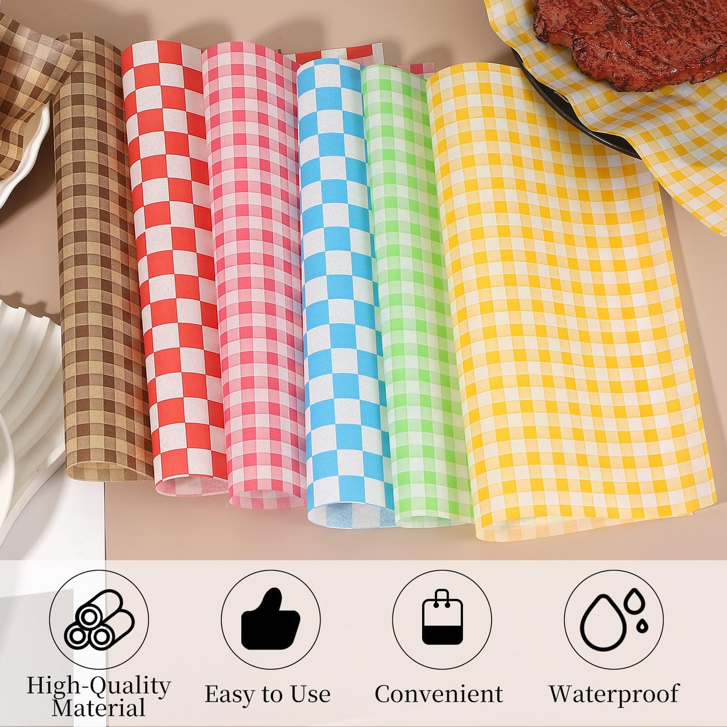 uxcell 150 Pcs Wax Paper Sheets for Food, 7 x 7 Inch Greaseproof Wrapping Paper Sheets, Checkered Square Food Basket Liners for Sandwich Hamburger Bread, Black