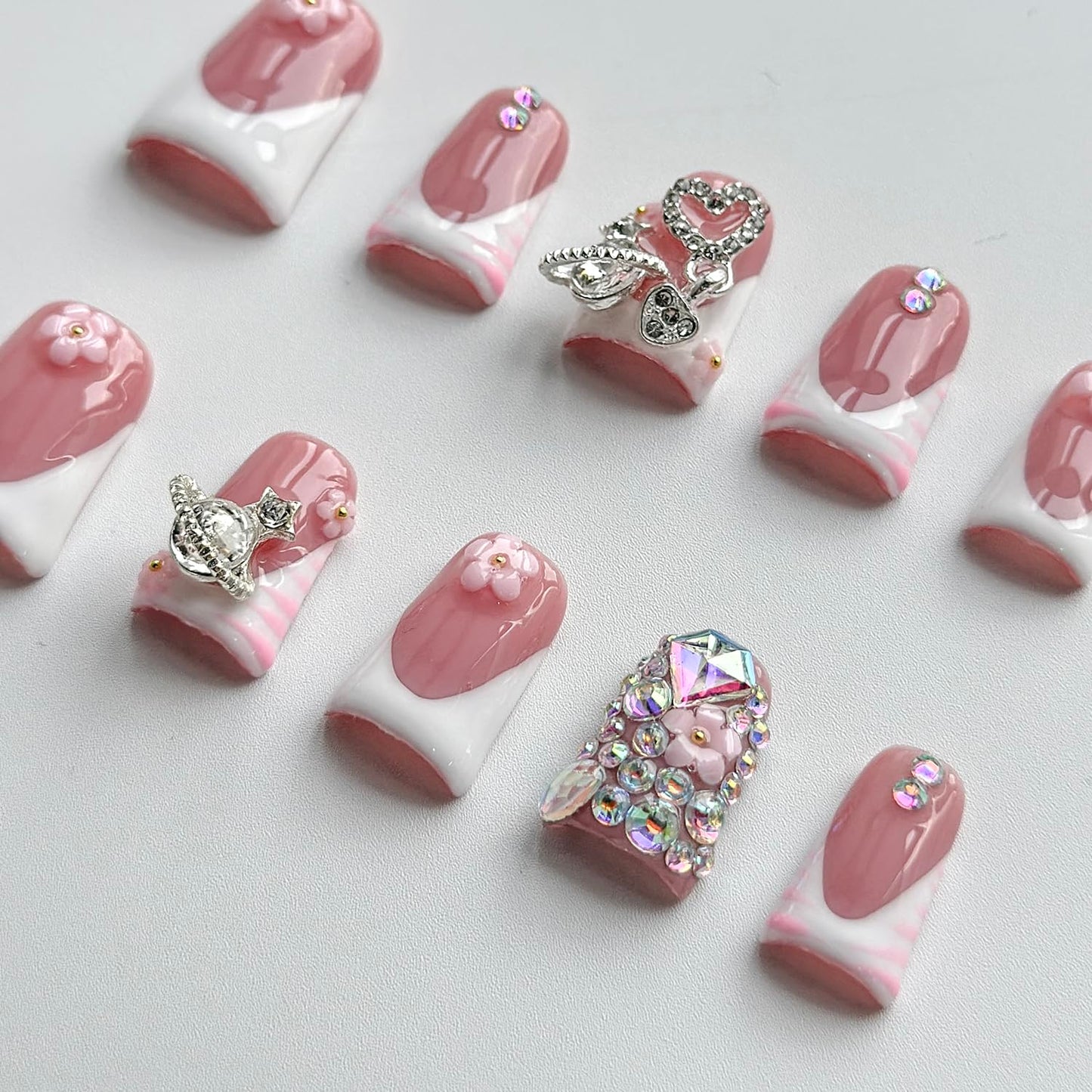 Luxury Press on Nails Short Duck Handmade 3D Unique Reusable ABS Material Fake Nails White French Tip False Nails with Designs Pink Flower Rhinestones Glossy Glue on Nail Thick Acrylic Nail(M)
