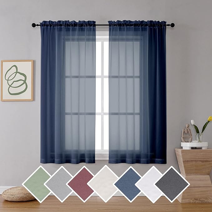 OVZME 2 Panels Sheer Navy Blue Curtains 54 Inches Length Window Treatment for Kitchen, Elegant Airy Transparent Curtain Draperies Rod Pocket for Kids Living Room, Each 42 Width 54 Length