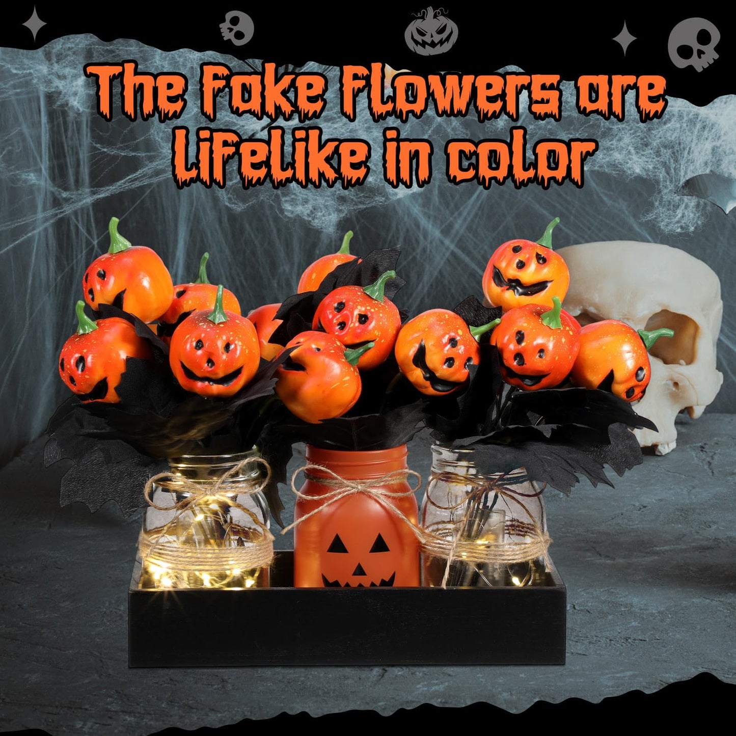 Honeydak 9 Pcs Halloween Table Centerpieces Pumpkin Mason Jar for Halloween Table Dining Room with Farmhouse Wood Tray 3 Mason Jars with Artificial Flowers and 2 LED Light for Dining Room