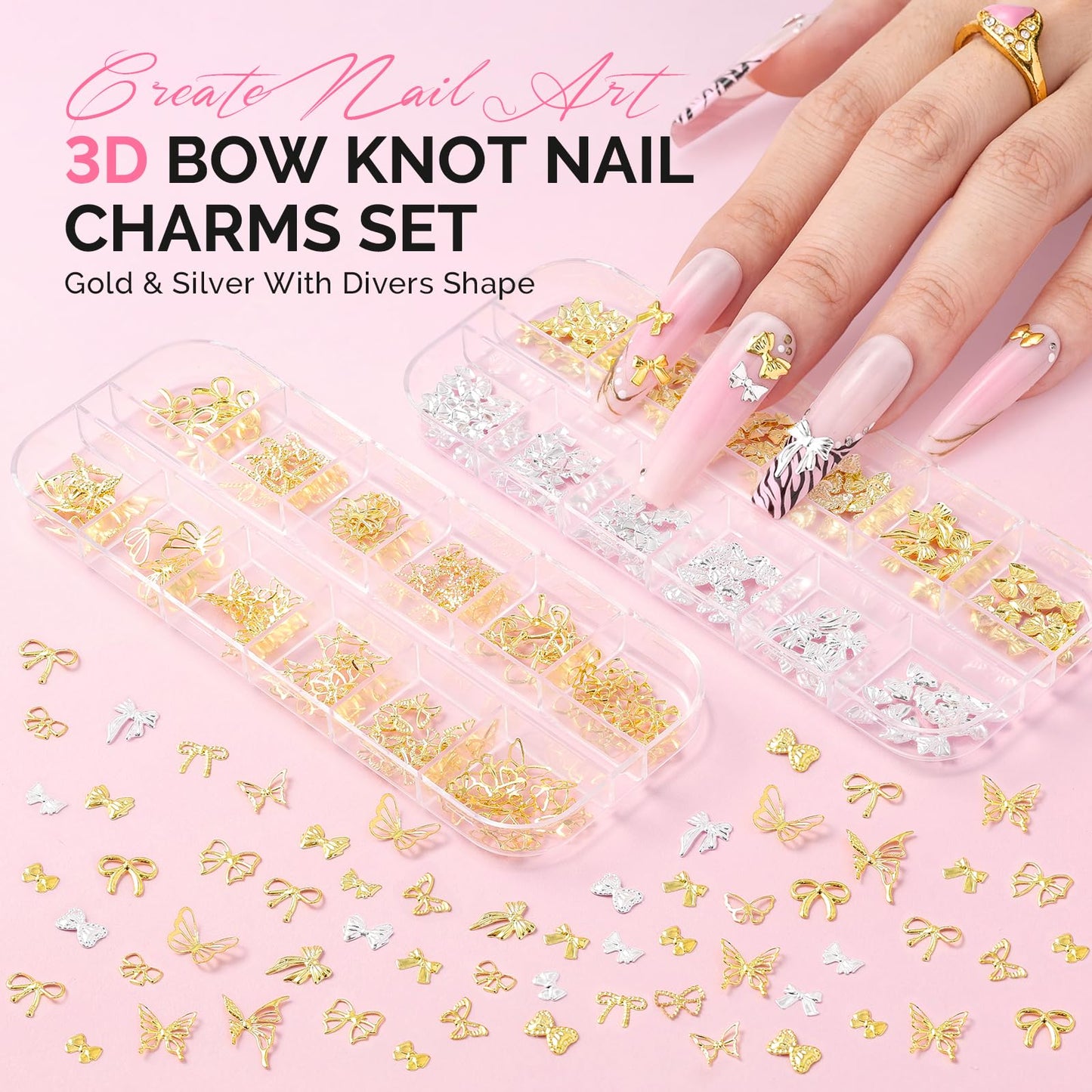 MelodySusie 5Pcs Nail Art Liner Brushes with 3D Nail Charms and Gems