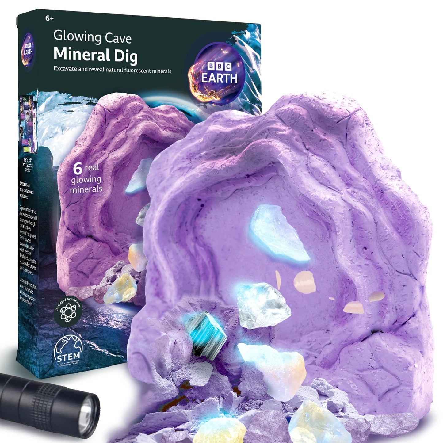 Horizon Group USA Mineral Dig Kit: Excavate 6 Real Gems, Glow in Dark, STEM Kit, Earth Science, Geology, Ages 6+