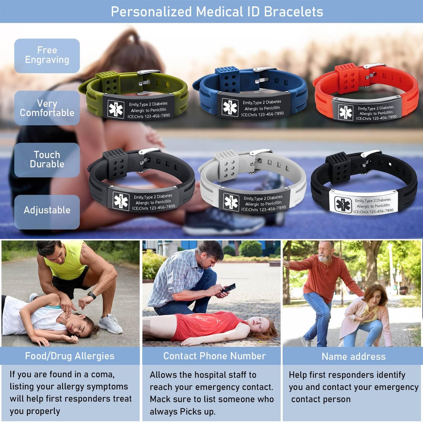VNOX BLOOD THINNER Medical Alert ID Bracelet for Men Women - Silicone Rubber Stainless Steel Adjustable Bracelet for Unisex