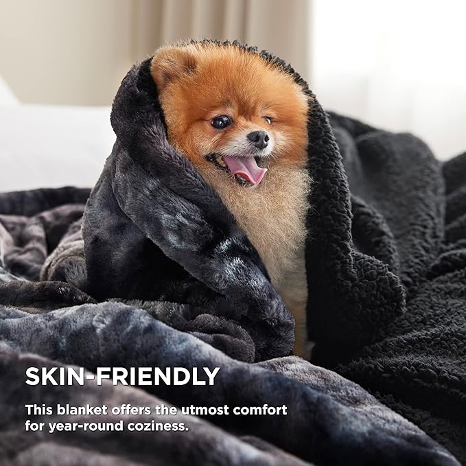 Bedsure Sherpa Blanket Queen Size - Soft, Fuzzy & Fluffy Faux Fur - Warm, Cozy Blanket for Couch, Sofa and Bed, Tie Dye Design, Black, 90x90 Inches