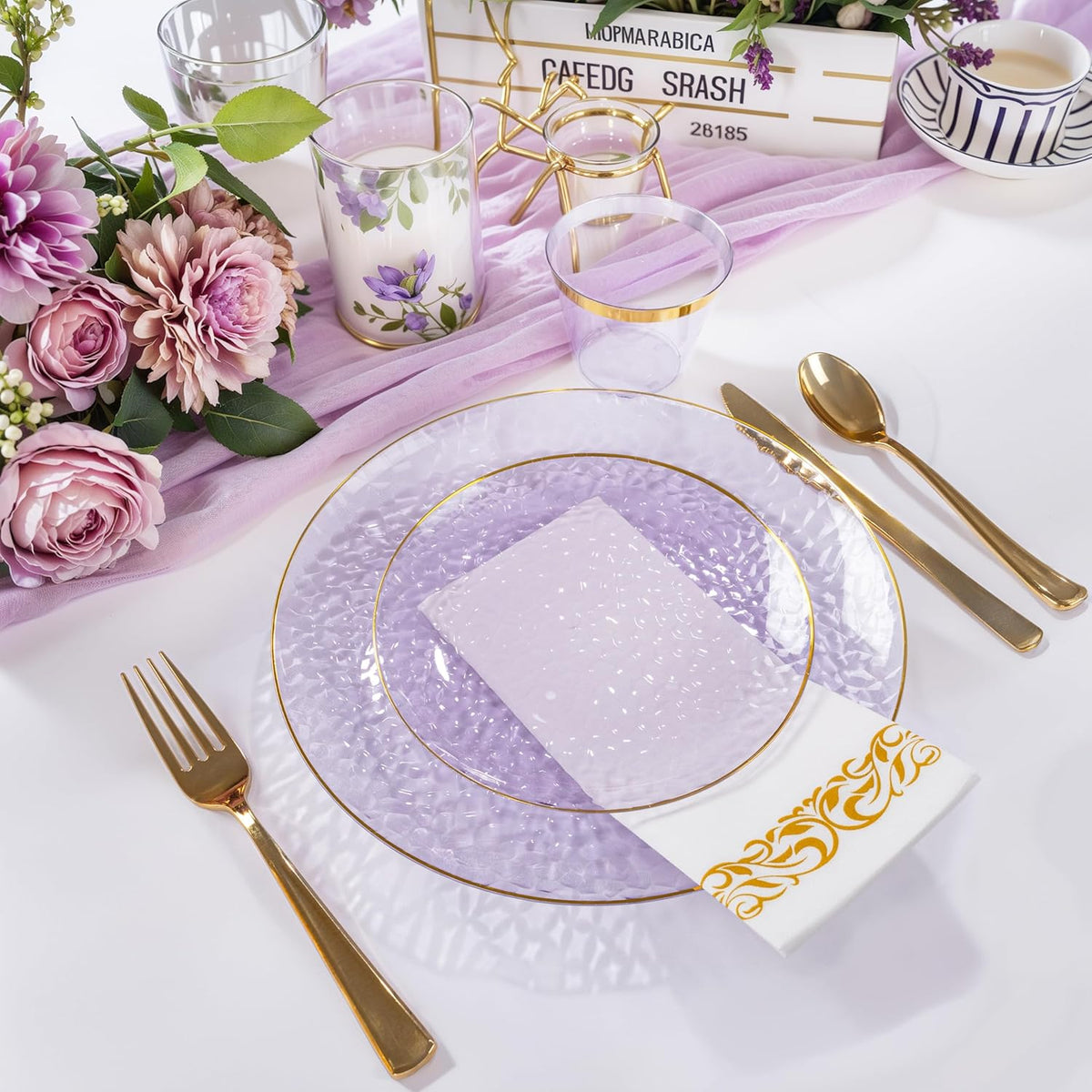 Rubtlamp 350 Pcs Clear Purple Plastic Plates, Gold Plastic Dinnerware Set (50 Guests), Purple Disposable Plates With Gold Rim, Hammered Party Plates Set for Wedding And Party