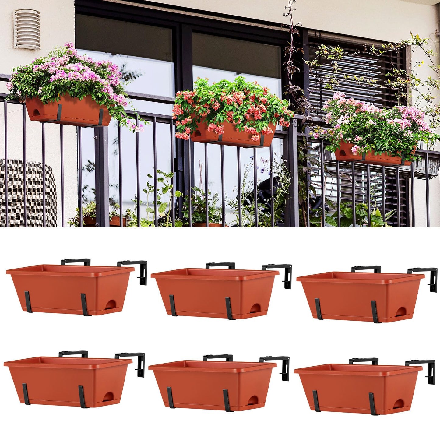 ETELI Railing Planter Box 6 Pack Balcony Planters Railing Hanging with Metal Brackets Window Boxes Deck Rail Planter for Outdoor Indoor Porch Garden Patio, Red & Black