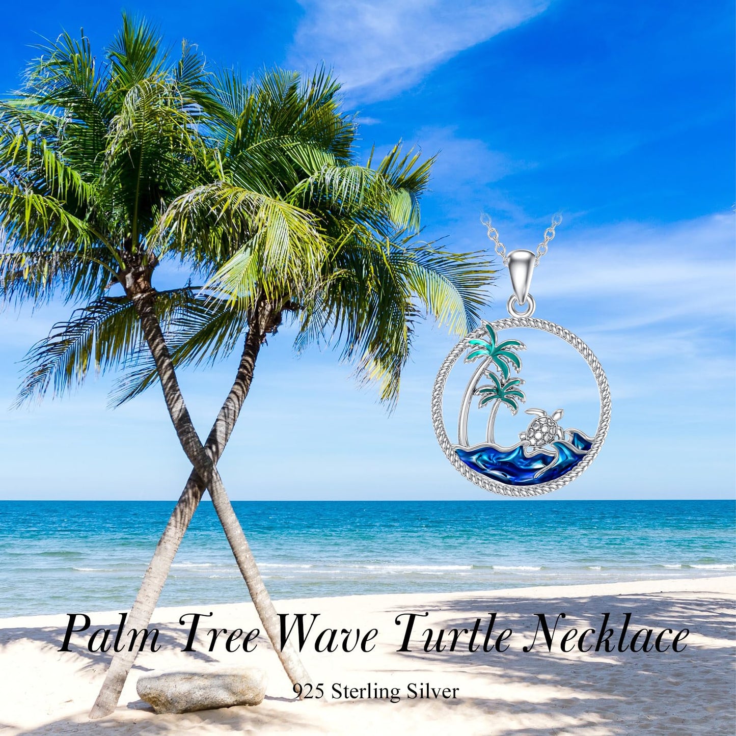 PROESS Sea Turtle Necklace Sterling Silver Palm Tree Pendant Necklace Ocean Wave Jewelry For Women Turtle Lovers