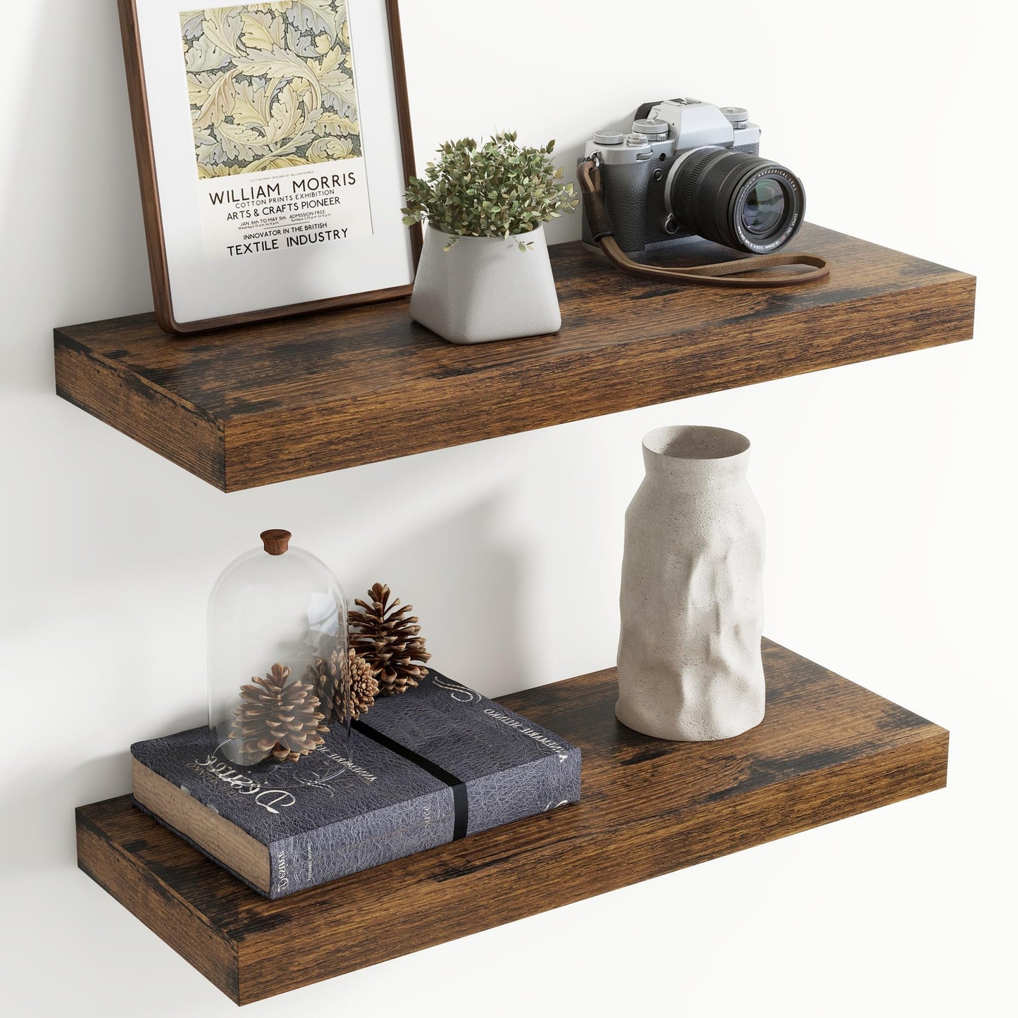 24 Inch Floating Shelves for Wall, 8 Inch Deep Floating Shelf for Storage & Display, Wall Mounted Shelf with Invisible Brackets for Living Room, Kitchen, Bathroom, Home Decor, Set of 2, Rustic Brown