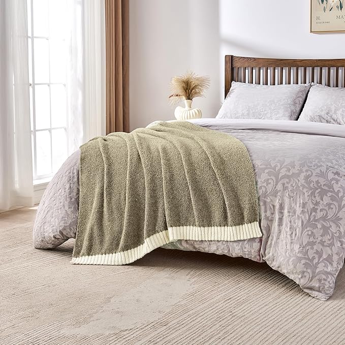 CozeCube Melange Blanket, Ultra Soft Olive Green and White Throw Blanket, Warm Cozy Knit Fuzzy Plush Reversible Throw for Couch Bed Sofa, 50"x60"