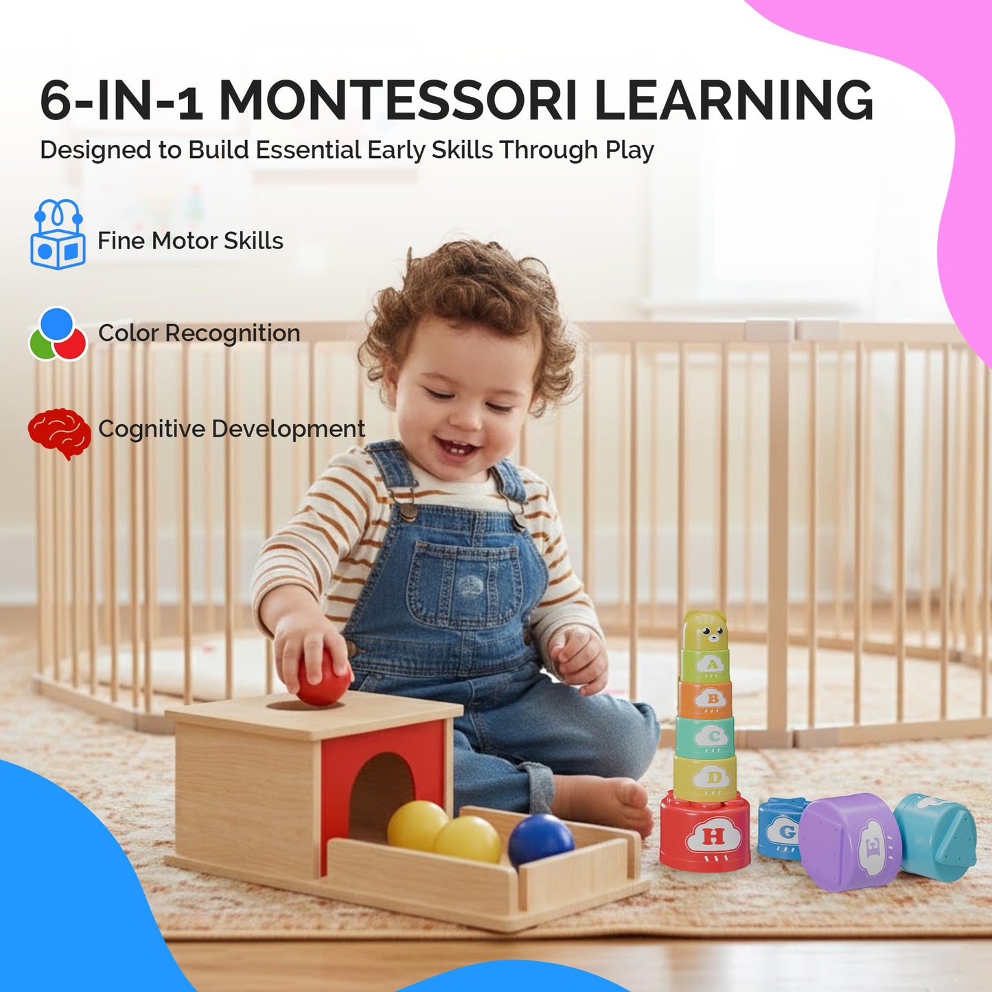 SmileyBubs Montessori Baby Toys 7–9 Months, Developmental Tools for 7+ Month Babies, Baby Sensory Toys - A Sliding Box, Mirror Puzzle, Stacking Cups, Treasure Basket, Rain Stick, Animal Flashcards