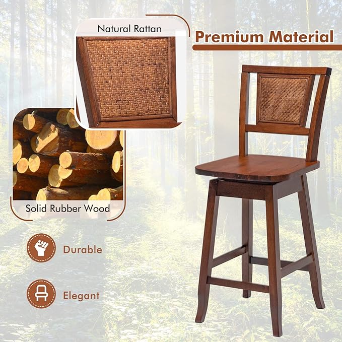 COSTWAY Bar Stools Set of 2, 24.5 Inch Counter Height Bar Stool with Rattan Back, 360°Swivel Seat, Comfortable Footrests, Rubber Wood Bar Stools for Kitchen Island, Dining Room, Cafe, Pub (2)