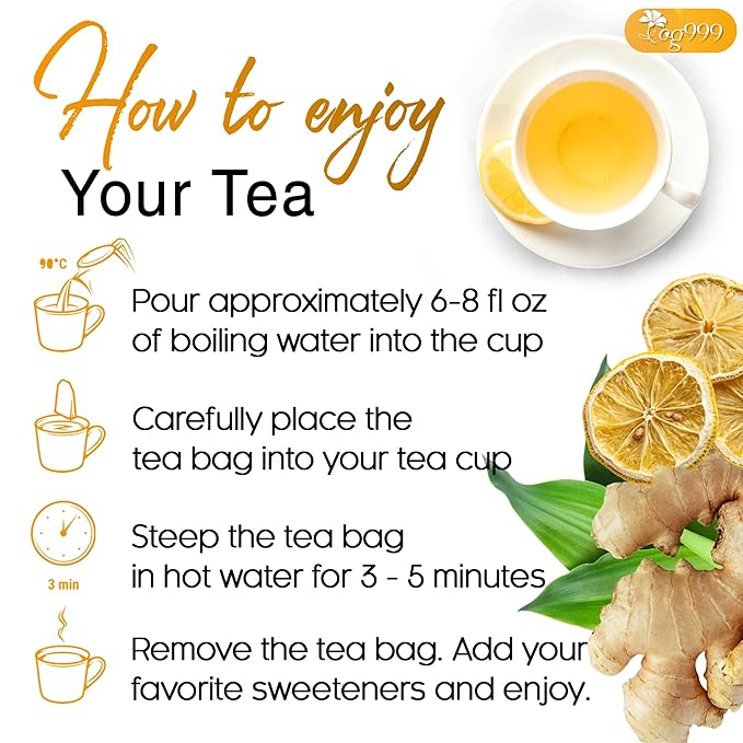 TOG999, Premium Lemon Ginger Tea Bags | 60 Tea Bags | Refreshing Herbal Blend with Bright Citrus & Warming Ginger | Naturally Caffeine-Free | 100% Plant-Based, Sustainably Sourced Herbal Tea