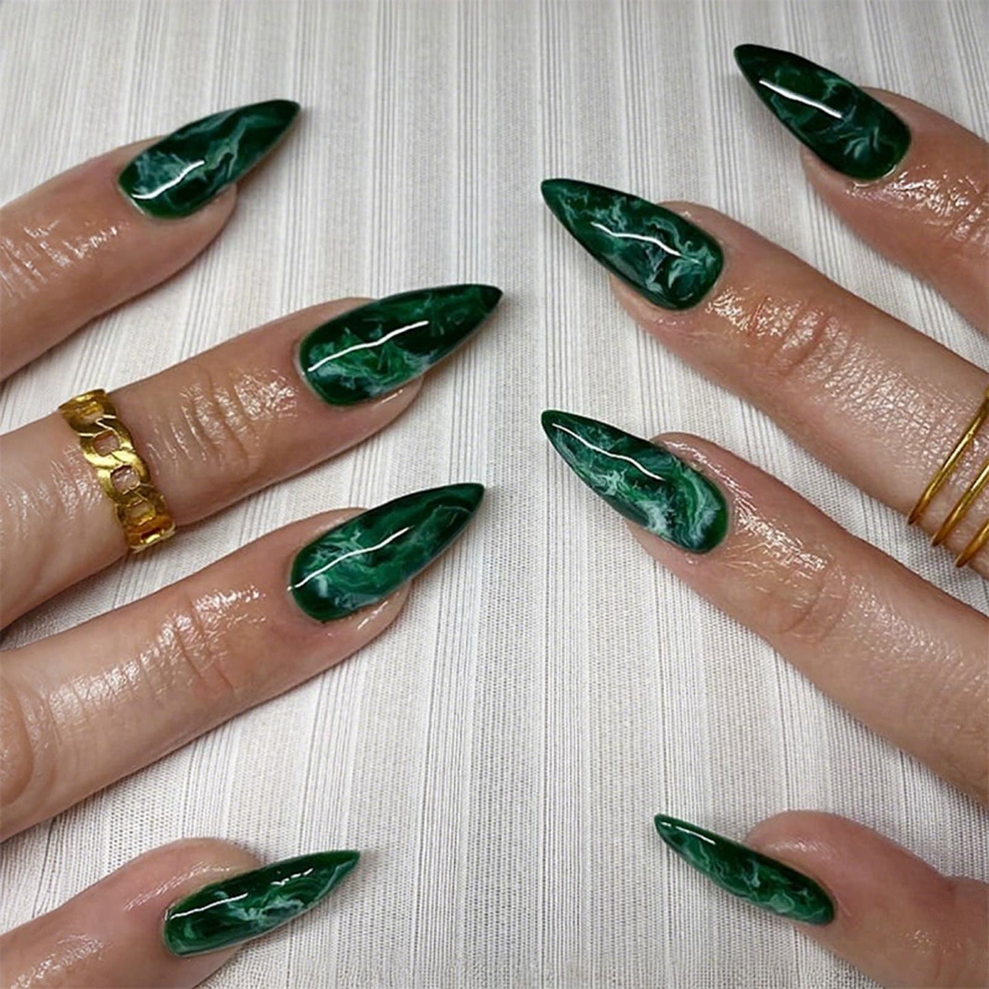 IMRAIN Press on Nails Medium Almond Fake Nails Green Ombre Marble False Nails Full Cover Glossy Artificial Reusable Acrylic Stick on Nails for Women Manicure Kit