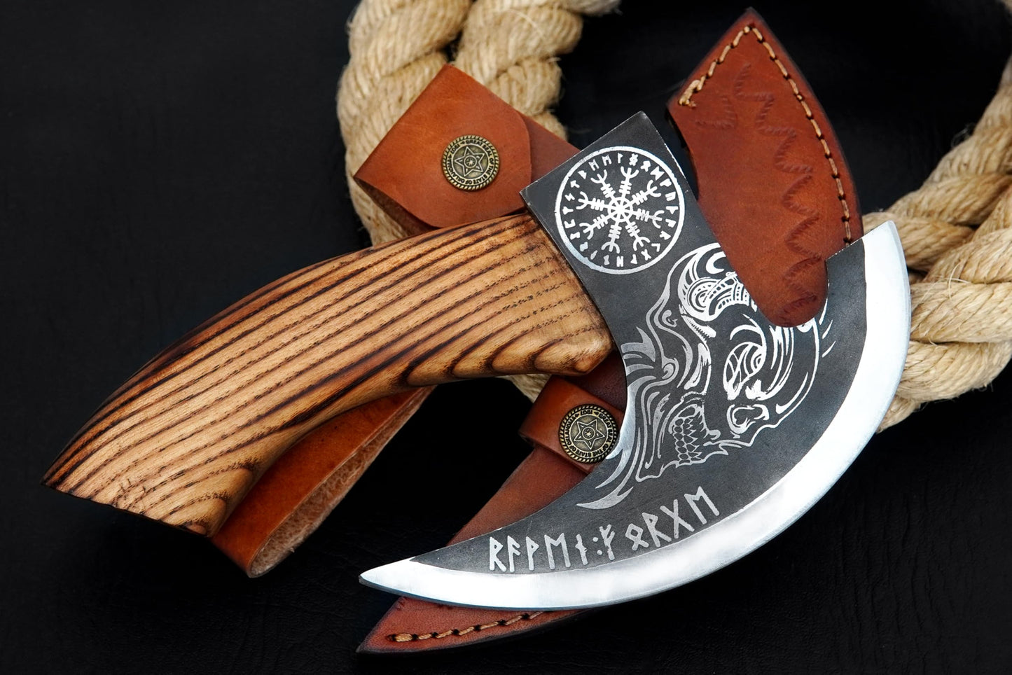 Handmade 8” Pizza Cutter, 6” Cutting Blade with Carbon Steel, Leather Sheath, Skull Design, Viking Style Pizza Cutter Axe Design. Multi-Purpose Cutter… (Dark Wood Handle)