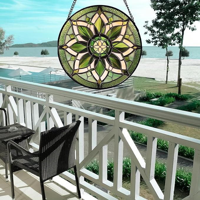 Stained Glass Window Hanging - White Green Boho Flower Suncatcher for Doors Window Home Sun Catchers Decor Christmas Mother's Day Birthday Gifts for Teacher Women Men Mom Nana 9.8 in