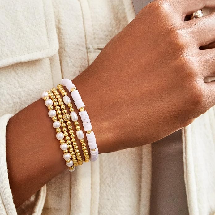 M MOOHAM Gold Beaded Bracelets for Women - 14k Real Gold Plated Beaded Pearl Bracelet Set Stack for Women Trendy Non Tarnisn, Adjustable Stretch Bracelet Jewelry Gifts for Teen Girls Women