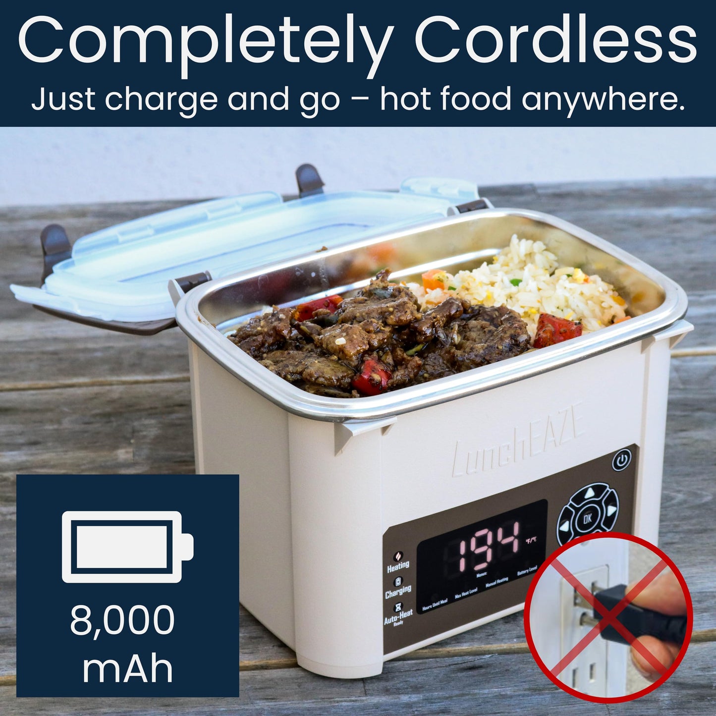 LunchEAZE Core Gen 2 Cordless Heated & Electric Lunch Box – Battery-Powered, 4-Cup Capacity, 220°F, Automatic Scheduled Heating for Hot Meals Anywhere