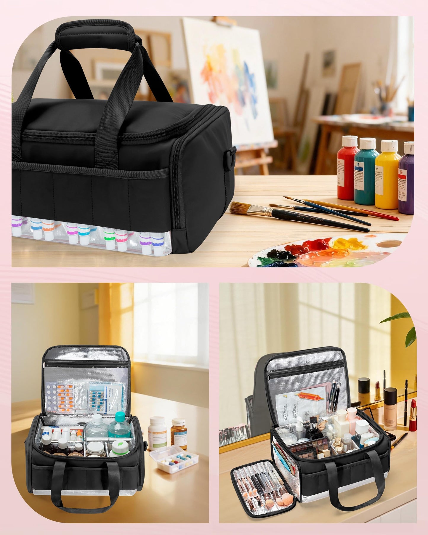 Marscamd Acrylic Paint Organizer Holds 60 Bottles (2 oz), Acrylic Paint Storage Bag with Tools Storage Sections and Crossbody Strap, Black