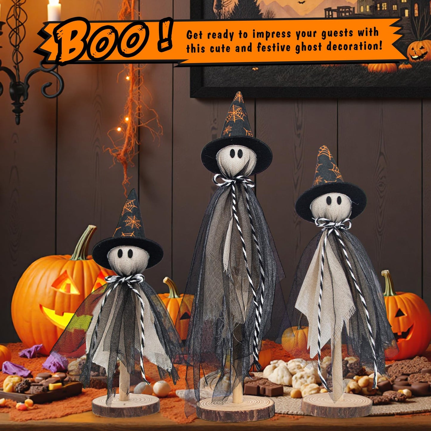 Halloween Decorations Ghost Shelf Sitters – Set of 3 Wooden Halloween decor with Witch Hats – Fabric Ghost Figures with Spiderweb Design – Table Decor for Tiered Tray, Mantel, Party Supplies(Black)