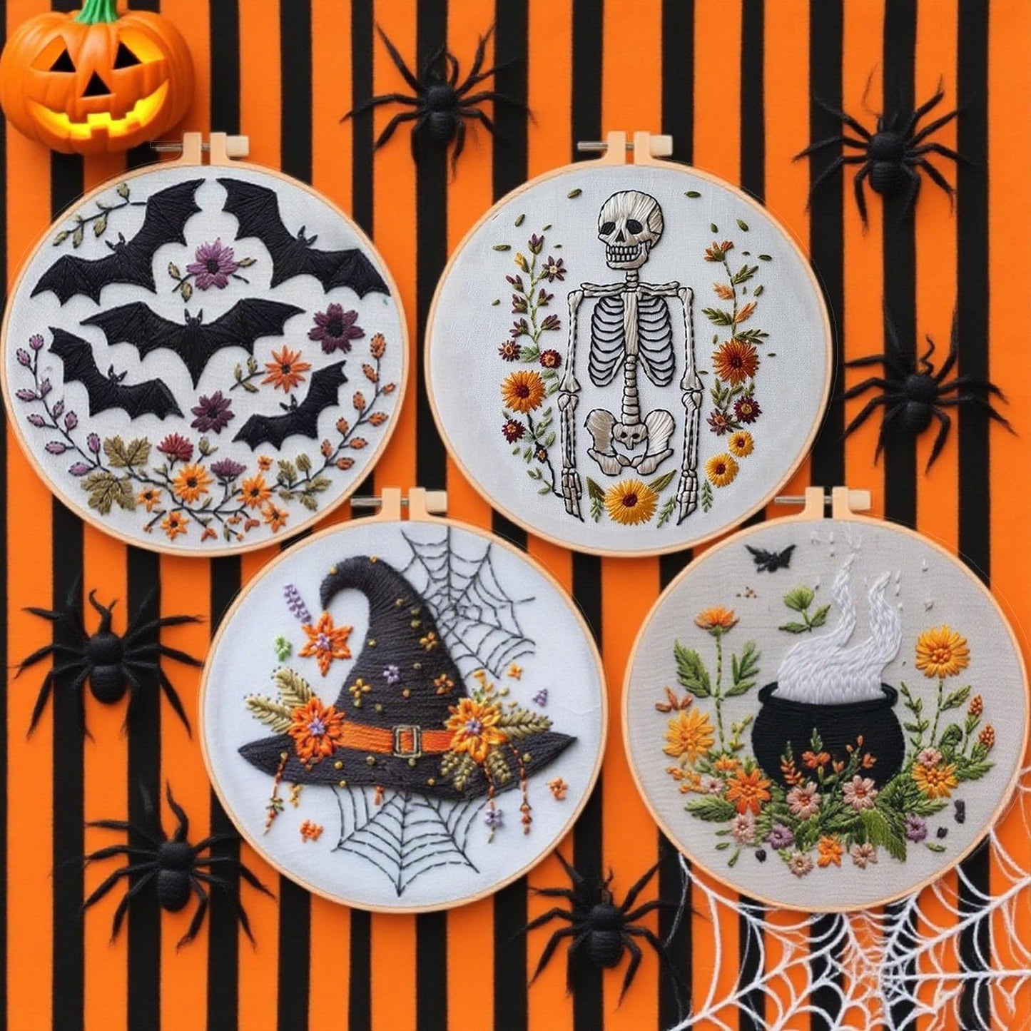 4 Set Halloween Embroidery Kit, Halloween Crafts for Adults, DIY Cross Stitch Craft Kit, with Needles and Thread Included (# A)
