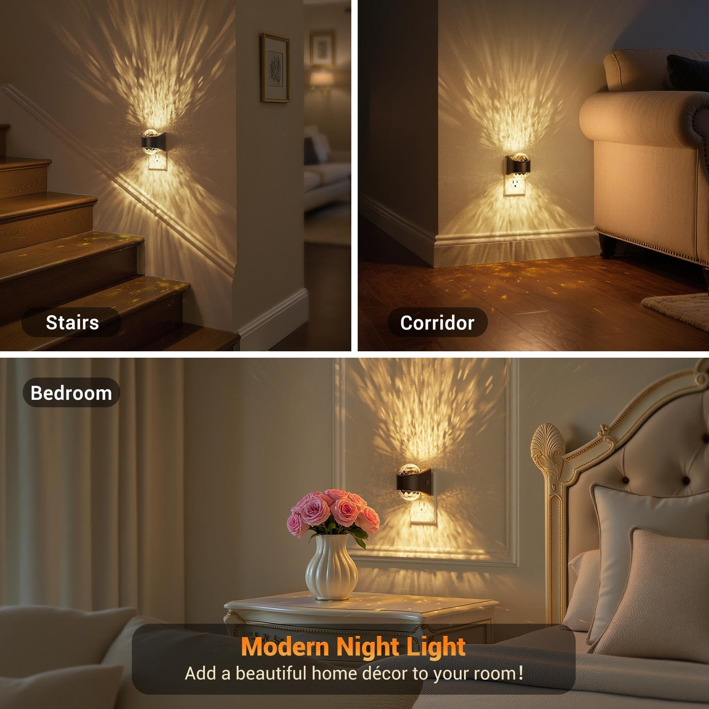 JandCase Night Lights Plug into Wall, Star Projector Night Light with 3000K Soft White, Automatic Galaxy Nightlight Plug in with Light Sensor for Bathroom Hallway Room Decor