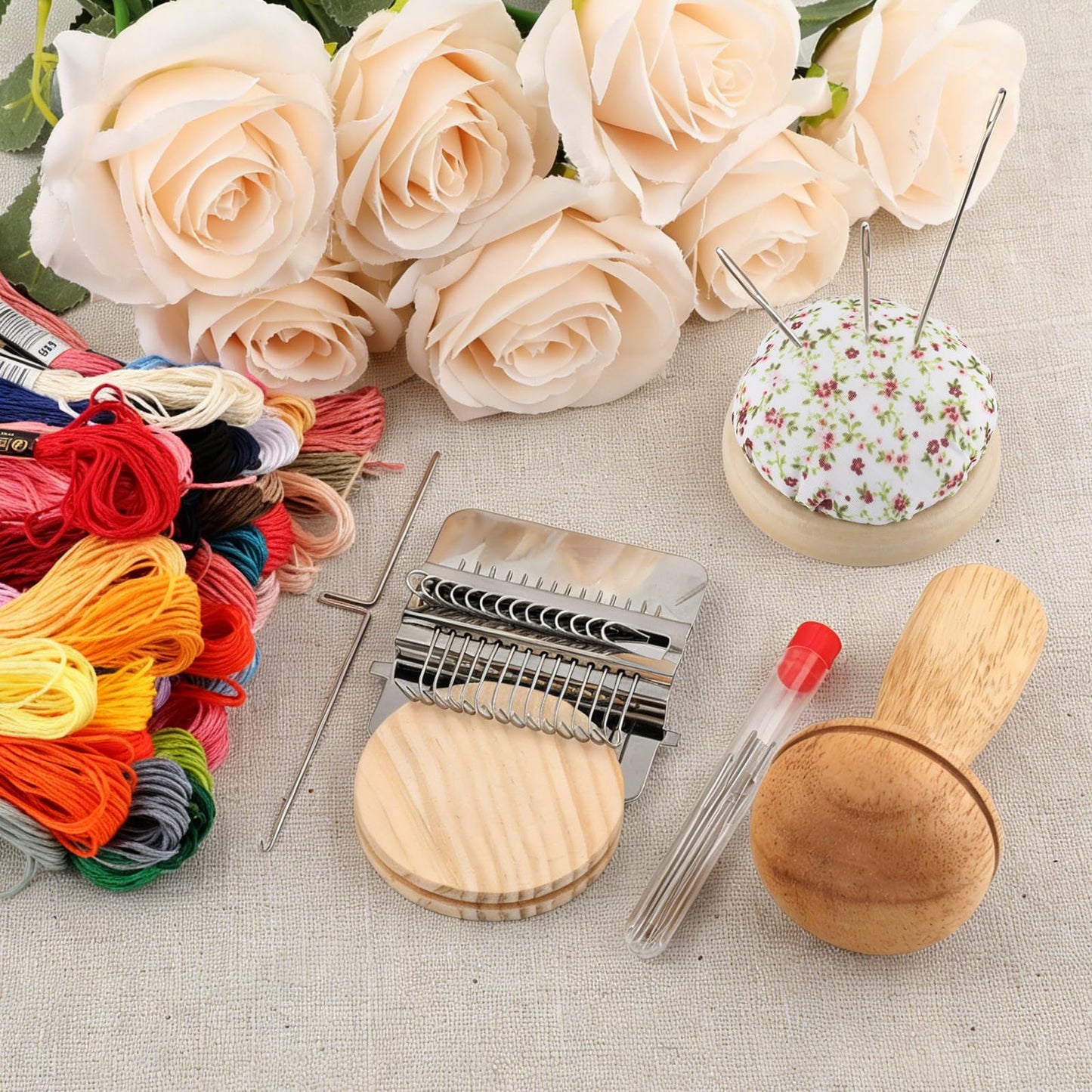 Mini Darning Loom Mushroom Knit Patch Kit for Socks, 14 Hooks Small Speedweve Style Weaving Darning Loom with 14 Pcs Large Eye Needles 50 Colors Thread, Handcraft DIY Home Sewing Repair Tool