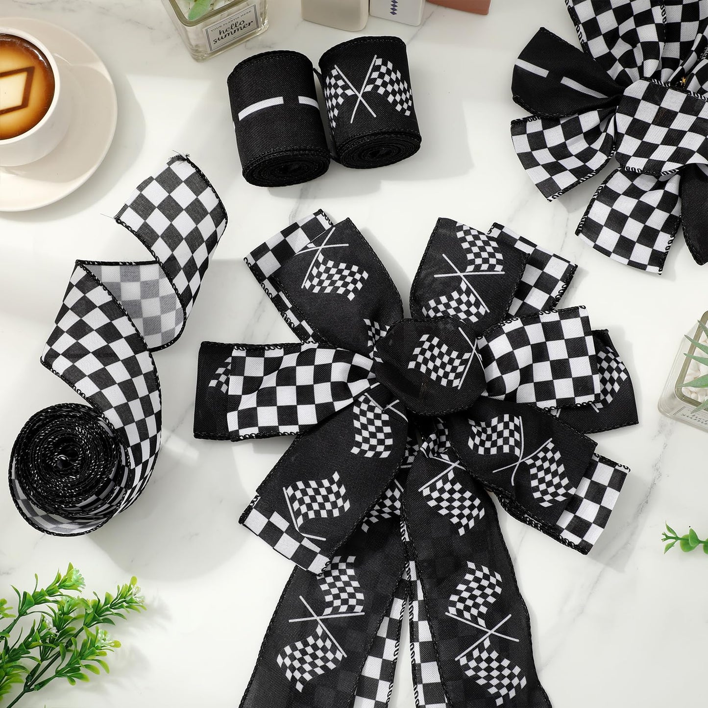 Whaline 3 Roll Racing Car Theme Wired Edge Ribbon 18 Yards 2.5 Inch Black White Checkered Decorative Fabric Ribbon for Wreath Bow Sport Team DIY Craft Gift Wrapping Supplies