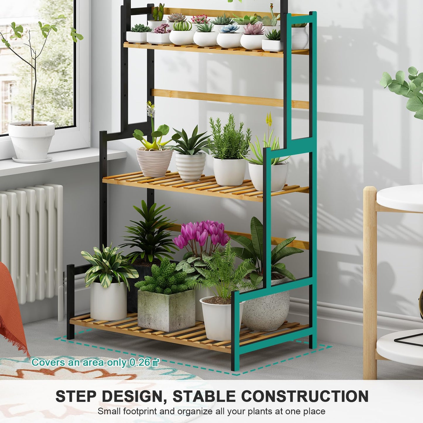 Ufine Bamboo Hanging Plant Stand 3 Tier Ladder Shelf with Hanging Rod Height Adjustable Flower Pot Display Organizer for Balcony Porch Living Room