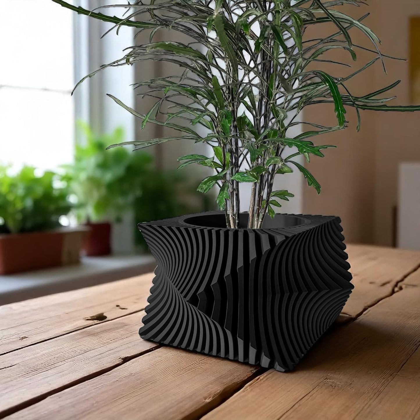 Aeon Twist Modern Planter – Black Sculptural Plant Pot for Indoor Decor Geometric Design with Drainage – Unique Home Accent for Living Room, Office, or Shelf (Black, Compact Structure: 6" x 4" WH)
