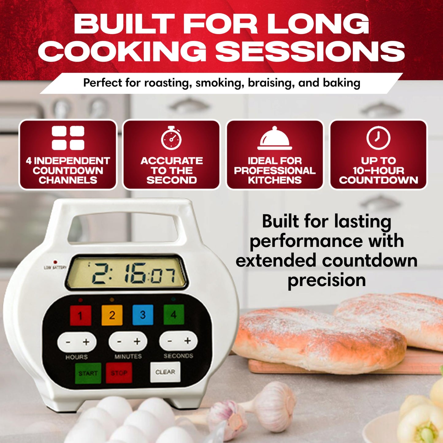 Chef Master 4-Channel Digital Kitchen Timer – Timer for Cooking, Baking & Grilling – LED Display Clock with Independent Countdown Functions for Food Preparation, Roasting, & Tracking - 90218