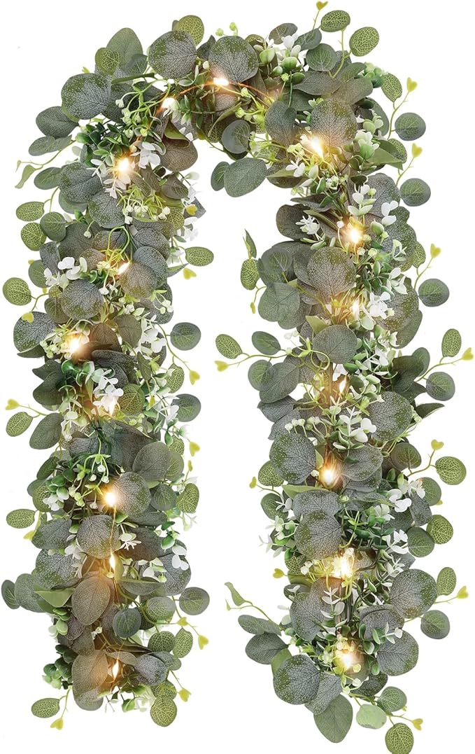 N&T NIETING 1 Pack Artificial Eucalyptus Garland with Lights, 6FT Artificial Greenery Garlands, Battery Operated Twig Vine for Room Stairs Mantle Wedding Holiday Easter Decoration Indoor Outdoor