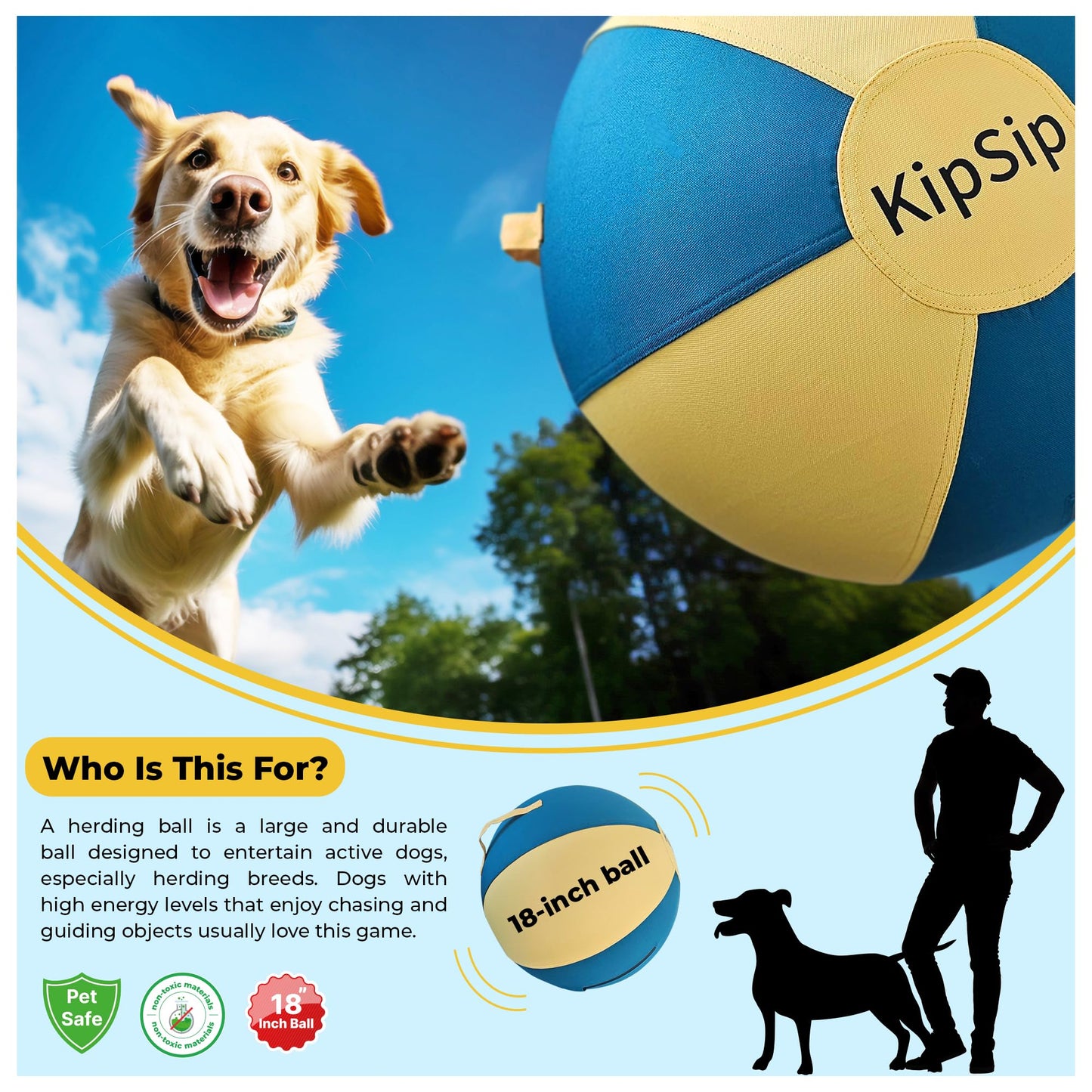 KipSip Herding Ball for Dogs – 18” Dog Training Ball with Handles for Medium & Large Breeds – Non-Chew Interactive Toy for Aussies, Heelers & Collies – Outdoor Exercise & Mental Stimulation Toy