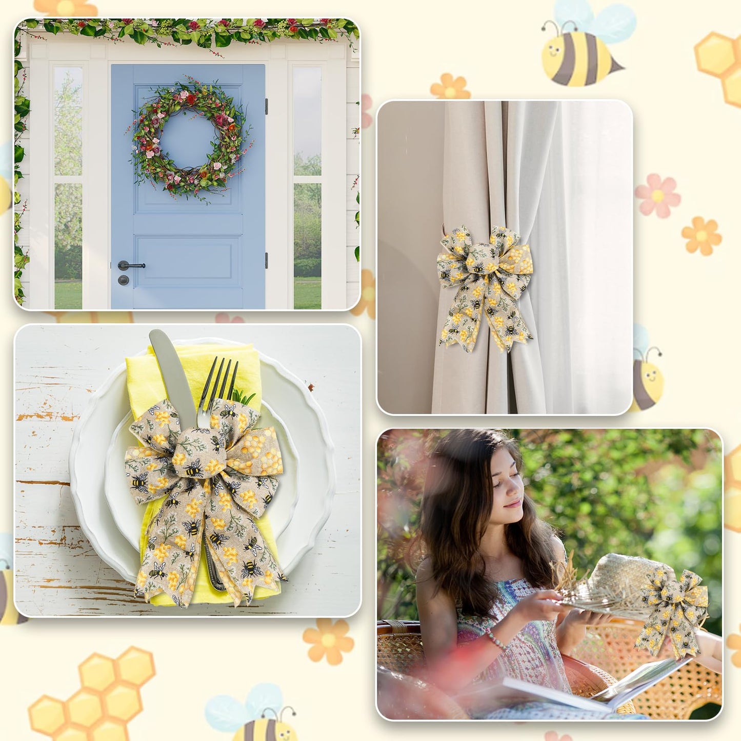 JarThenaAMCS 2 Rolls Bee Wired Edge Ribbons Craft Ribbon 2.5 in 20 Yards Bumble Bee Honeycomb Fabric Wrapping Ribbon for Bow Wreath Summer Party Home Decor